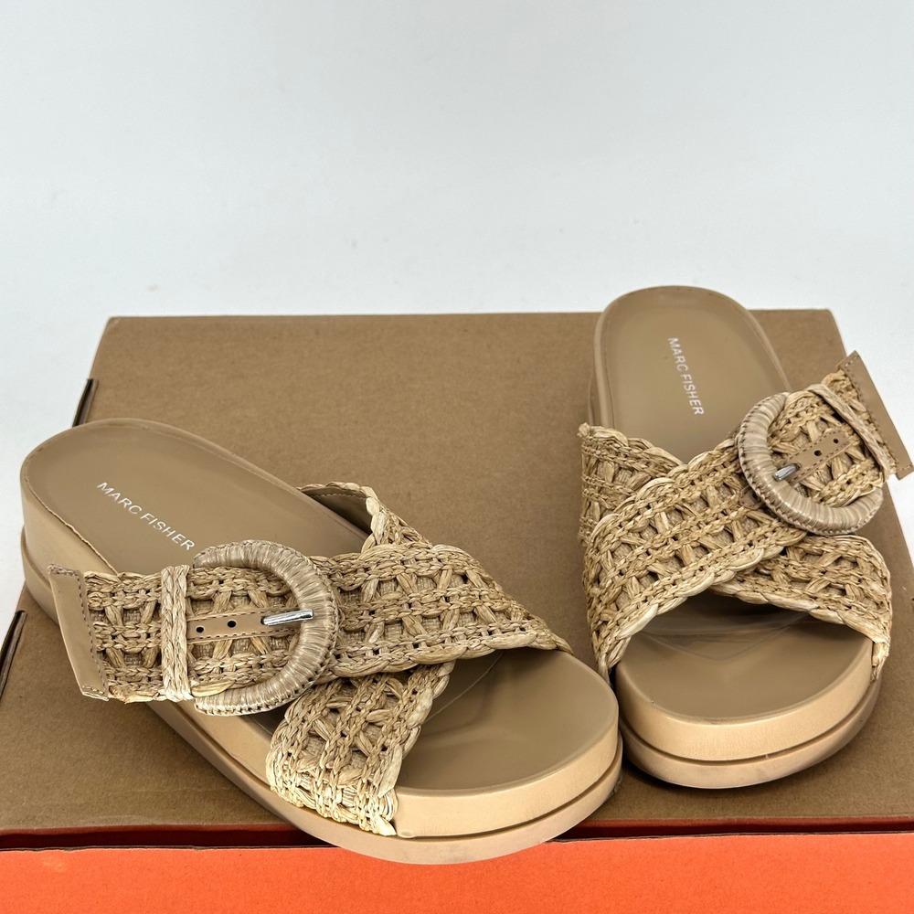 Marc Fisher Welti Beige Braided Woven Espadrille Slide On Sandals Slides 6.5 M